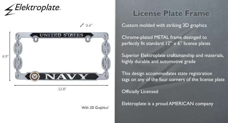 Elektroplate Officially Licensed â€“ United States Navy Chrome-Plated All-Metal Standard Size Premium 3D License Plate Frame Tag Holder for Cars/SUVs/Trucks Weather-Proof Automotive Accessory - Image 4